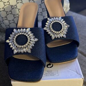 Source Unknown Navy Crystal Embellished Mules